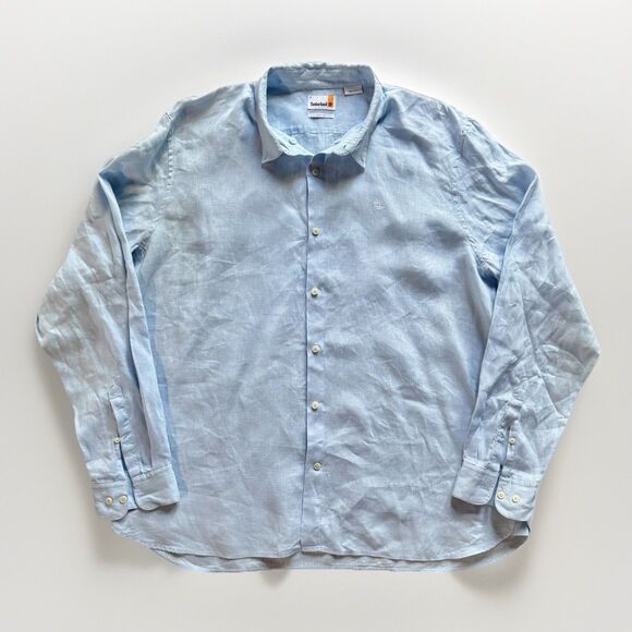 Timberland Mens Button Up Shirt Size 3XL Blue Linen Long Sleeve Slim Fit - Picture 1 of 11